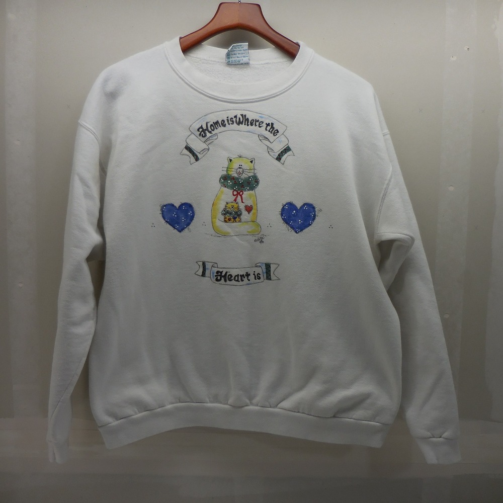 Vintage Fashion Gear Cat Sweatshirt XL White Home is Where the Heart is 1996 USA